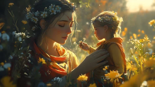 Soft golden afternoon with mother and child in flowers.