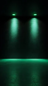 Twin emerald downlights illuminate textured concrete chamber