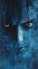 Blue tinted male face with glowing orange eyes in smoke.