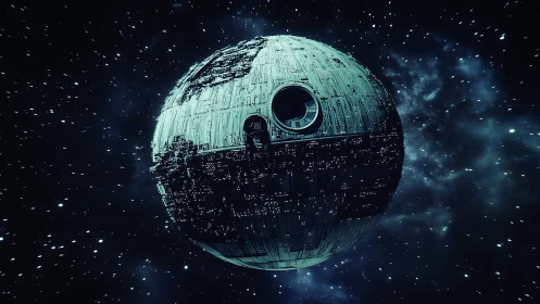 Massive spherical space station drifts through starfield.