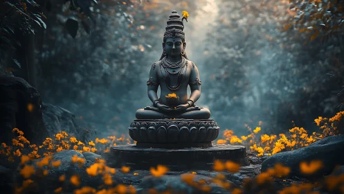 Meditative stone deity amid bioluminescent woodland bloom.