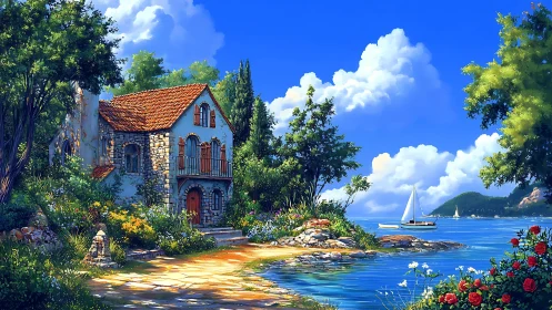 Stone coastal villa with red tile roof rendered in photorealistic digital composition