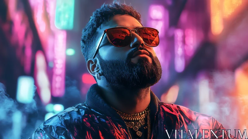 Bearded man in reflective jacket under neon city lights