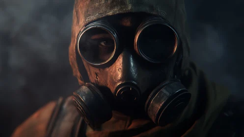 Hooded survivor in dual-filter gas mask under cinematic rim light