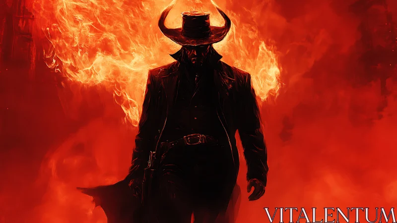 Infernal gunslinger silhouette in flaming crimson haze.