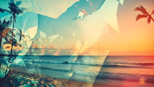 Layered tropical shoreline with geometric overlay composition.