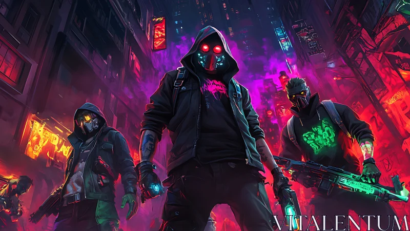 Neon masked street rebels stride through a charged cyber city