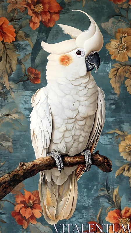 Sulphur-crested cockatoo on branch amid teal floral backdrop