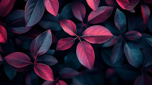 Crimson leaves glow against deep teal foliage in contrast.