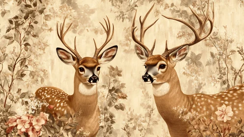 Sepia woodland deer duet amid blooming floral whispers.