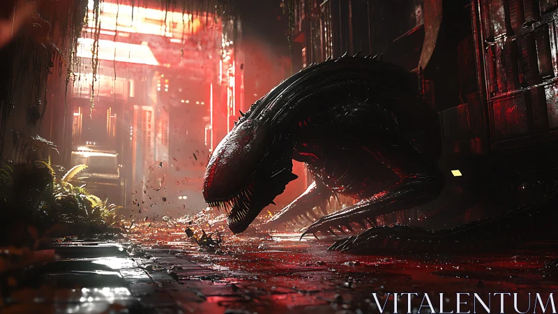 Night-stalking alien creature waits in a glowing red corridor