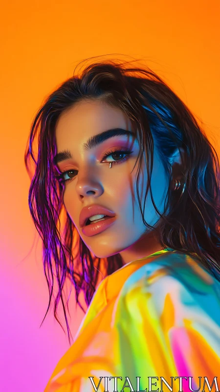 Neon-lit gaze carves sharp glamour through electric dusk