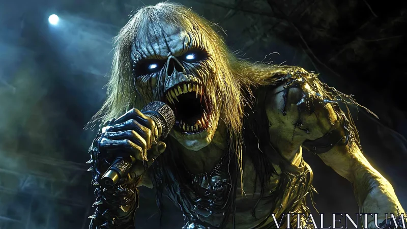 Photoreal undead metal vocalist with aggressive stage framing.