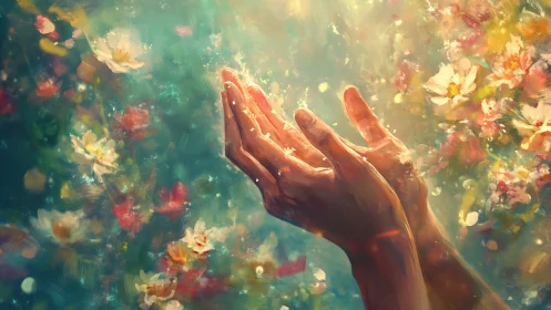 Iridescent hands cupping luminous pollen within floral bokeh field.