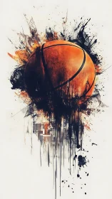 Dynamic basketball explodes through abstract paint splashes