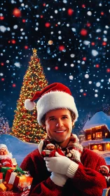 Smiling holiday dreamer under glittering Christmas snowfall.