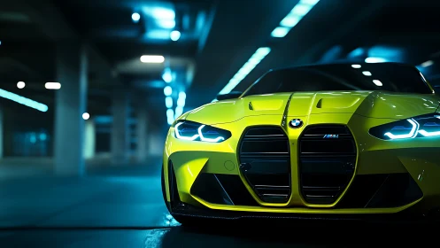 Neon yellow sports car prowls a moody underground parking