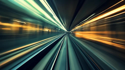 Futuristic subway tunnel with motion blur and glowing lights.