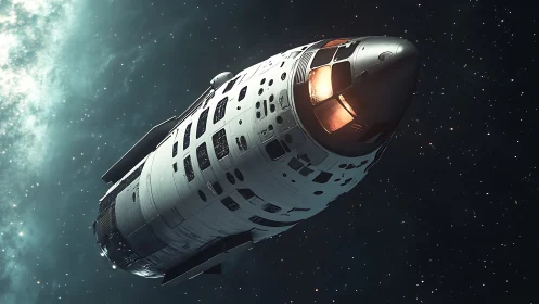 3D spacecraft capsule in deep space with cinematic lighting detail.