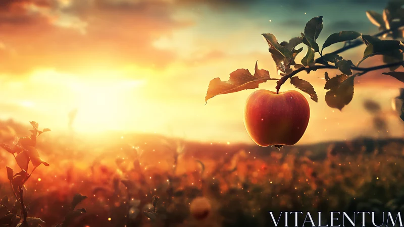Sunlit apple suspended against a glowing cinematic harvest sky