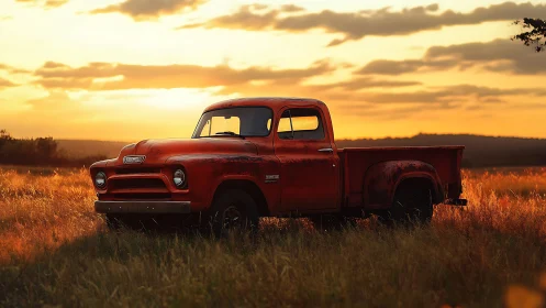 Weathered red pickup rests in a glowing country sunset field.