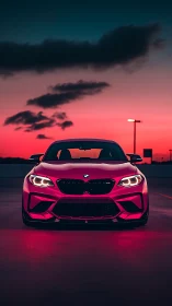 Front-lit BMW sports coupe under magenta twilight sky.