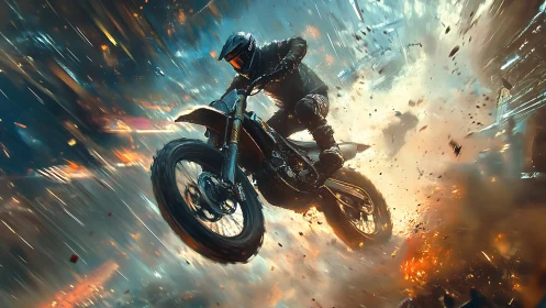 Motorcyclist launches through explosive urban firestorm