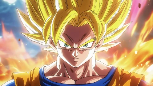 Fierce anime warrior stands amid blazing, electric energy aura