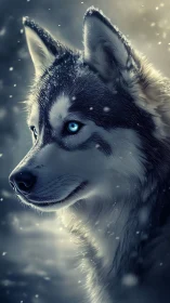 Iceborn husky gazes through stormlit snow and silver dusk.