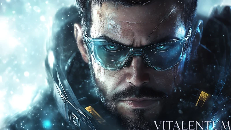 Cybernetic soldier portrait with glowing blue tech visor.