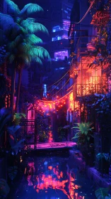 Neon alleyway glows over a tranquil rain-soaked canal at night