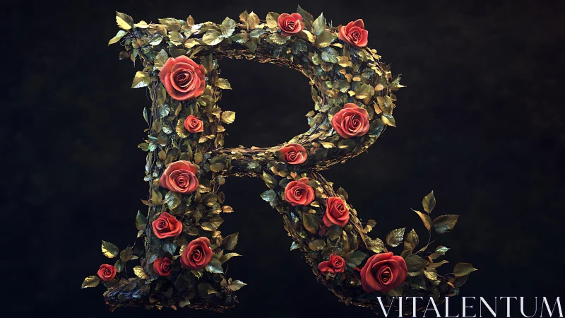 Romantic letter R gently wrapped in lush roses and leaves