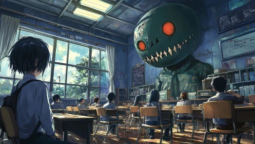 Surreal classroom scene welcomes a colossal eerie teacher