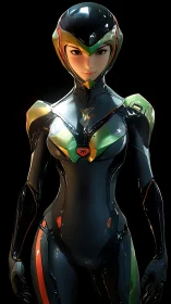 Futuristic female pilot in glossy biomech combat exosuit.