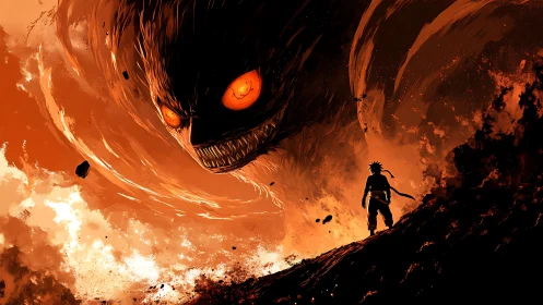 Lone warrior confronts colossal fiery demon in erupting abyss