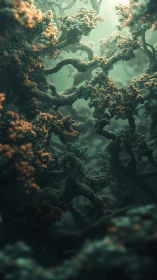 Submerged coral forest twists through hazy teal light shaft