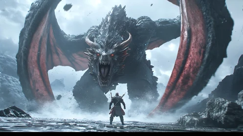 Armored warrior confronts massive winged dragon in misty valley.