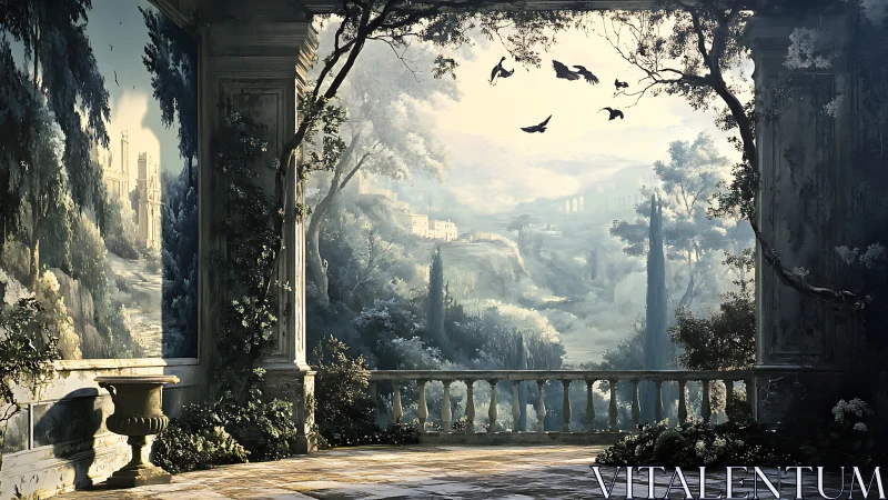 Sunlit balcony opening onto dreamy misty valley vista.
