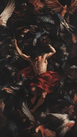 Bare-chested man in red cloth surrounded by circling birds