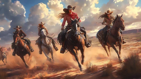 Digital painting of riding cowgirls in dynamic desert composition.