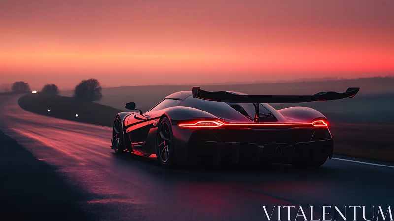 Sleek supercar gliding into a glowing sunset horizon.