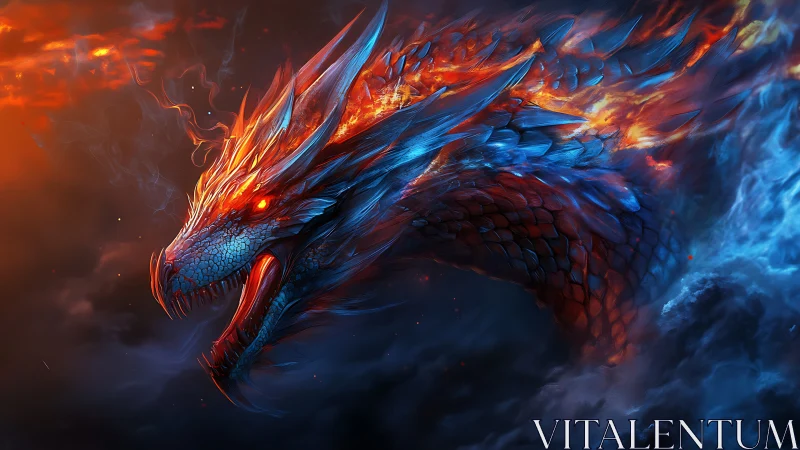 Dragon head emerges from fire and smoke with glowing eyes