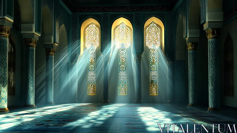 Golden sunlight pours into a tranquil blue-tiled hall.