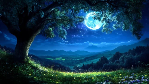 Large moon illuminates a tree and valley under clear night sky