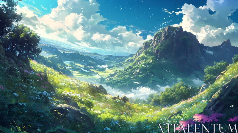 Mountain valley landscape shows lush flowers, clouds and light