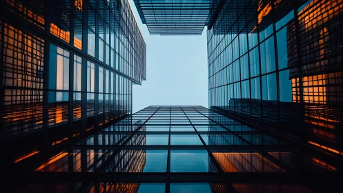 Urban glass skyscrapers form sharp geometric canyon view.