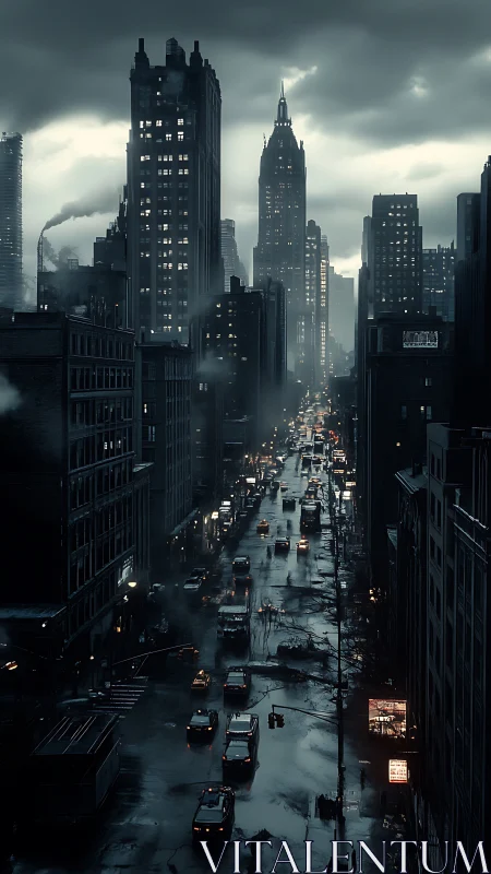 Noir urban canyon with wet reflective roadway under storm clouds