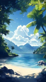 Tropical Coastline with Mountain Backdrop and Palm Vegetation.