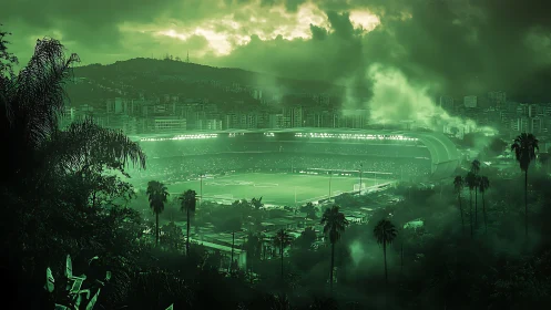 Emerald-lit urban football stadium within misty hillside metropolis.