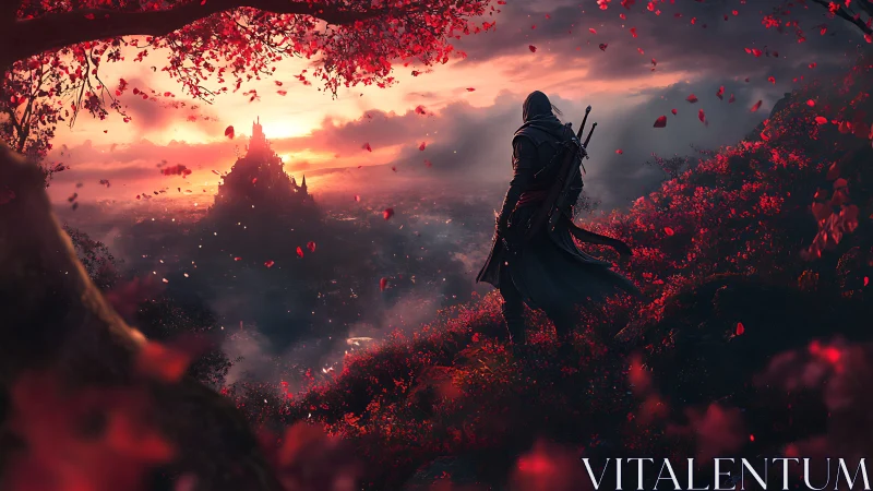 Crimson leaves escort a lone wanderer toward the ember citadel